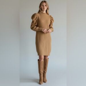 Shein Women's Ribbed Knit Mock Neck Long Sleeve‎ Puff Shoulder Dress Size Long